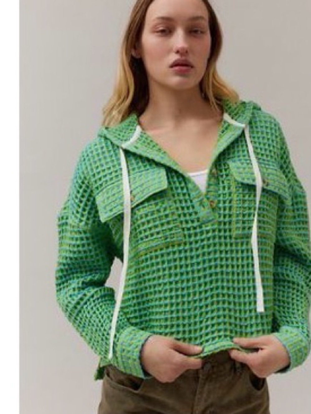 BDG Lime Green Hooded Waffle-Knit Pullover Sweater